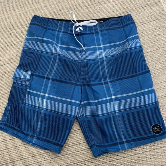 O’Neill Shorts Mens 36 Blue White Plaid Board Swim Trunks Drawstring Cargo - Picture 1 of 6